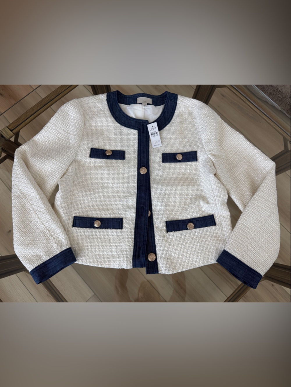 LOFT Cream Tweed Jacket with Navy denim Trim